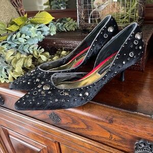Beverly Feldman rock studs fur kitten heel pumps